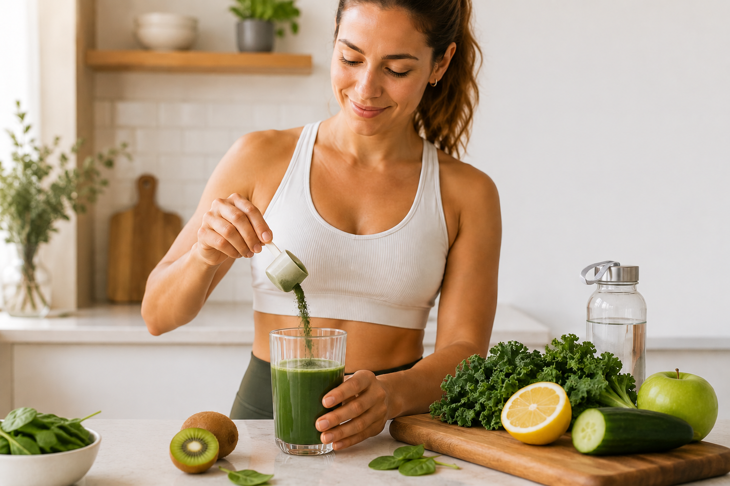 Mujer preparando una bebida de greens como complemento para una alimentación equilibrada durante el uso de medicamentos GLP-1