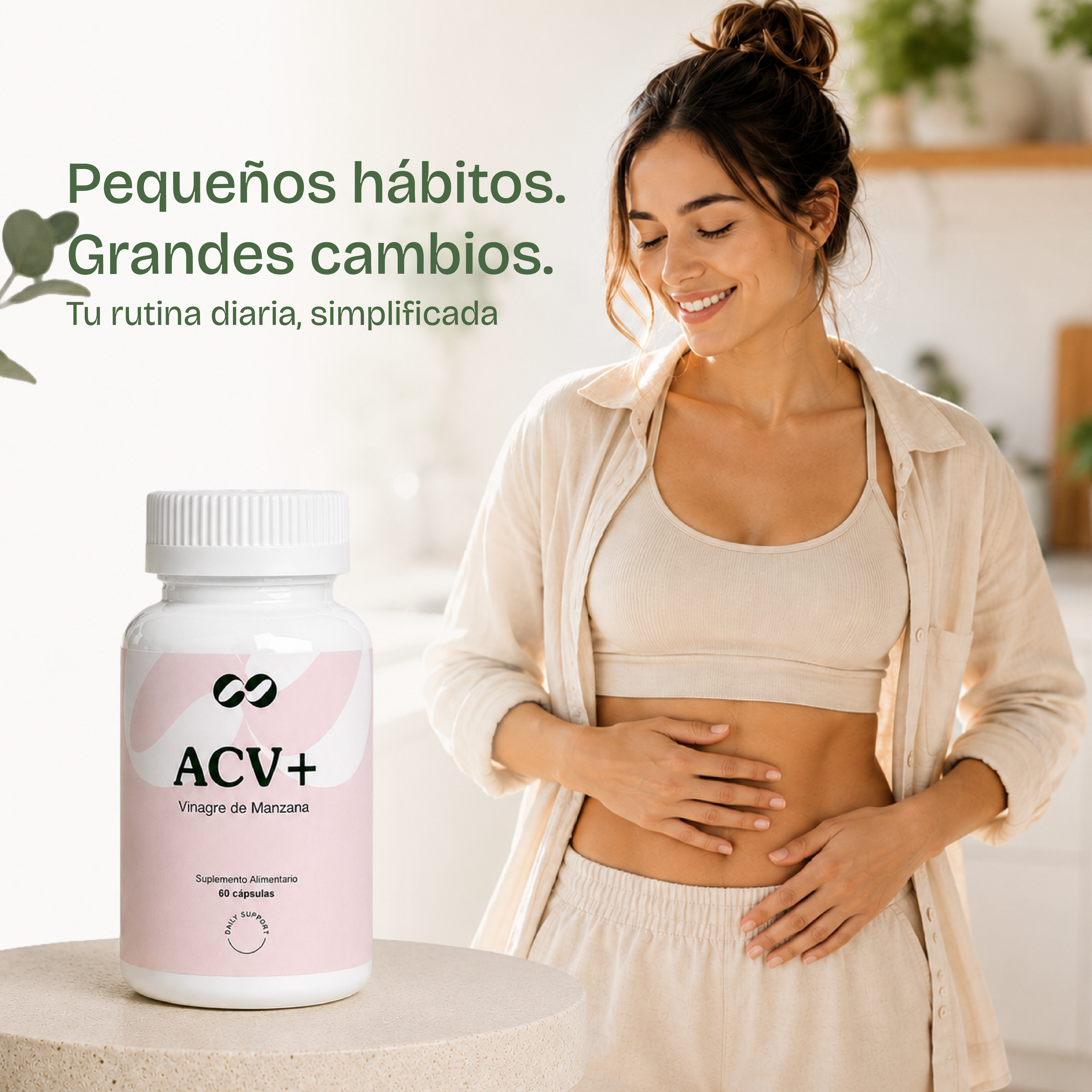 Mujer disfrutando de una sensación de bienestar digestivo como parte de una rutina saludable junto a ACV+ de Ono Care.