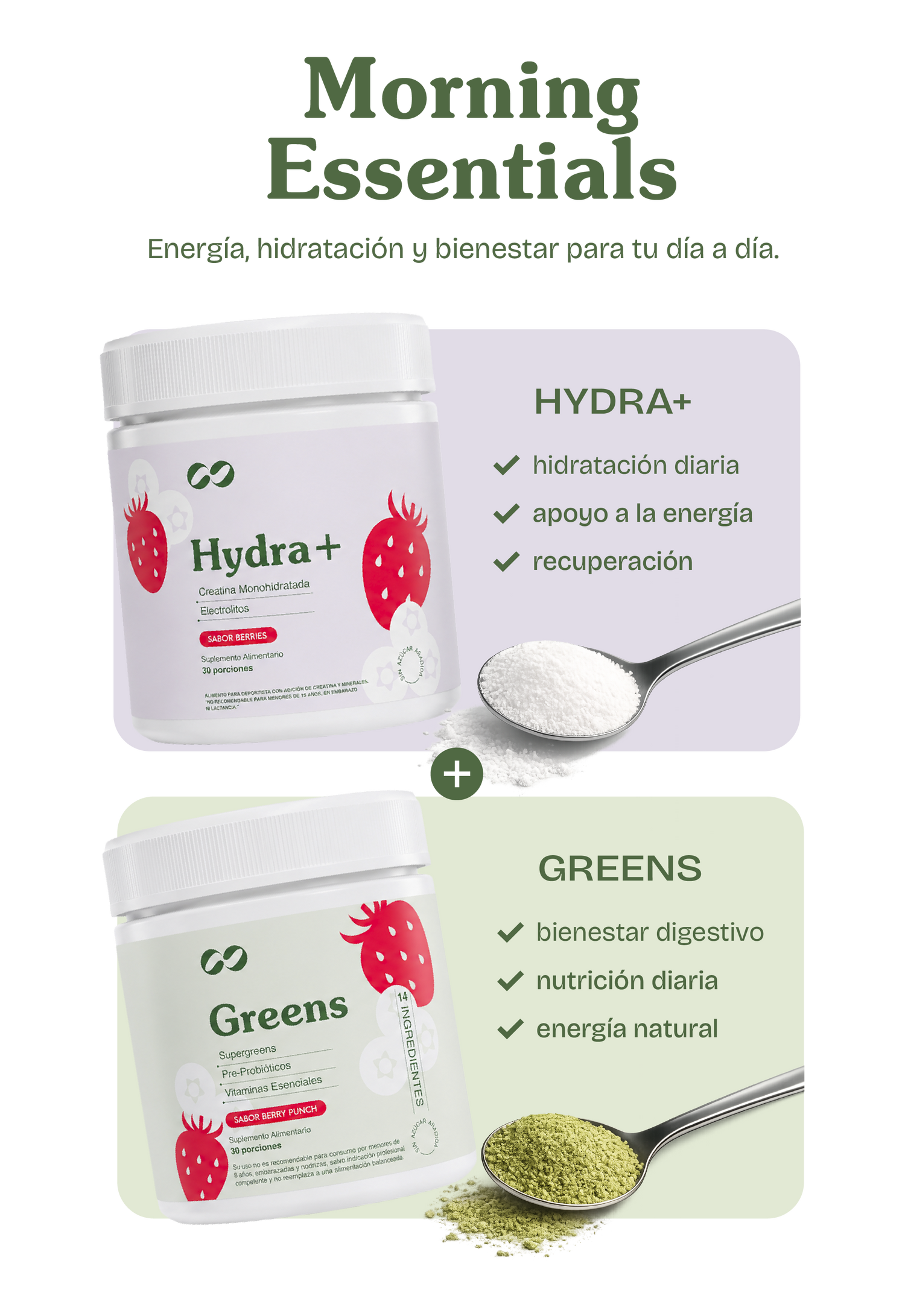 Pack Morning Essentials de Ono Care con Greens y Hydra+, diseñado para complementar tu rutina matutina de bienestar e hidratación.