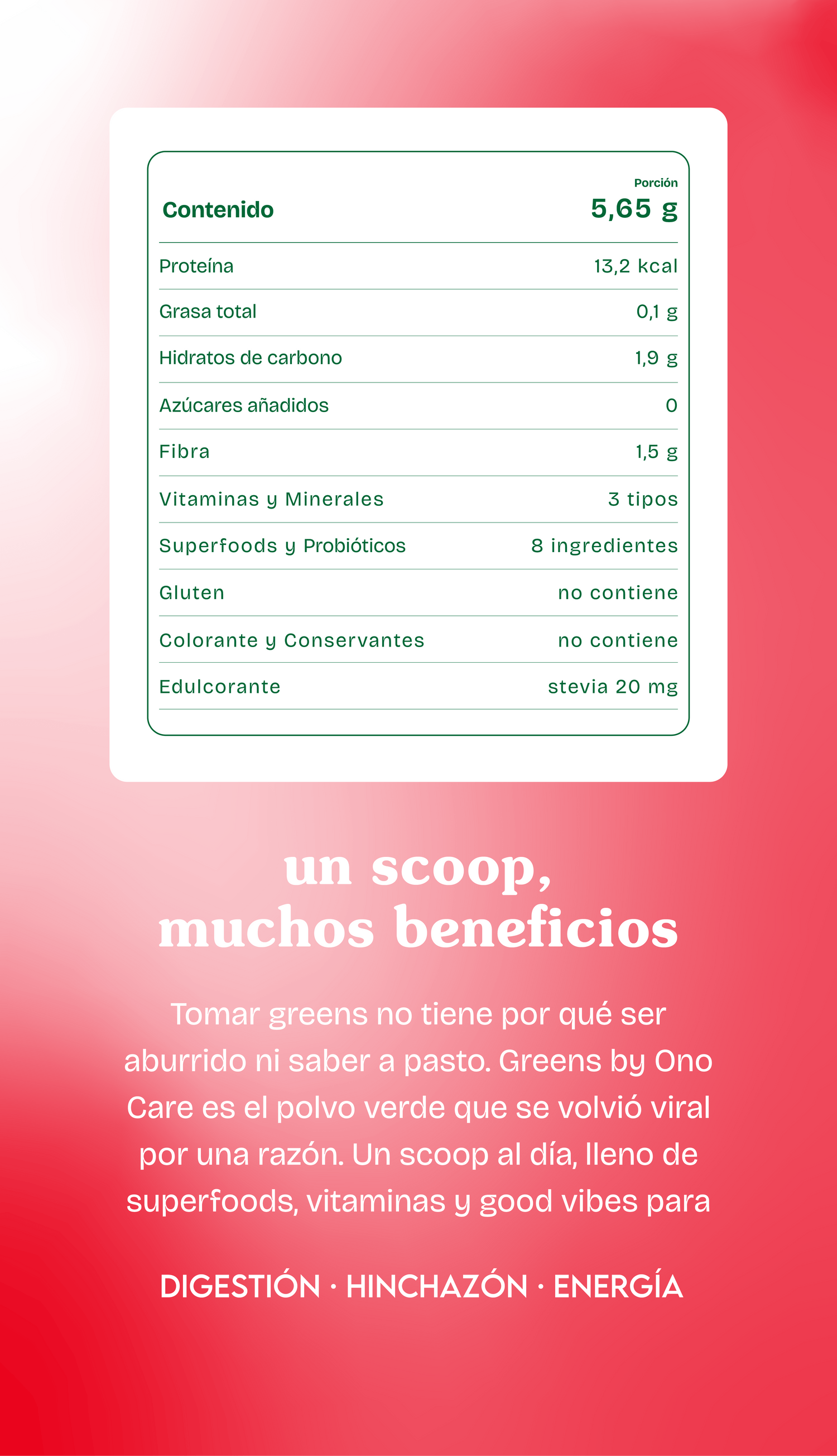 tabla nutricional greens polvo powder