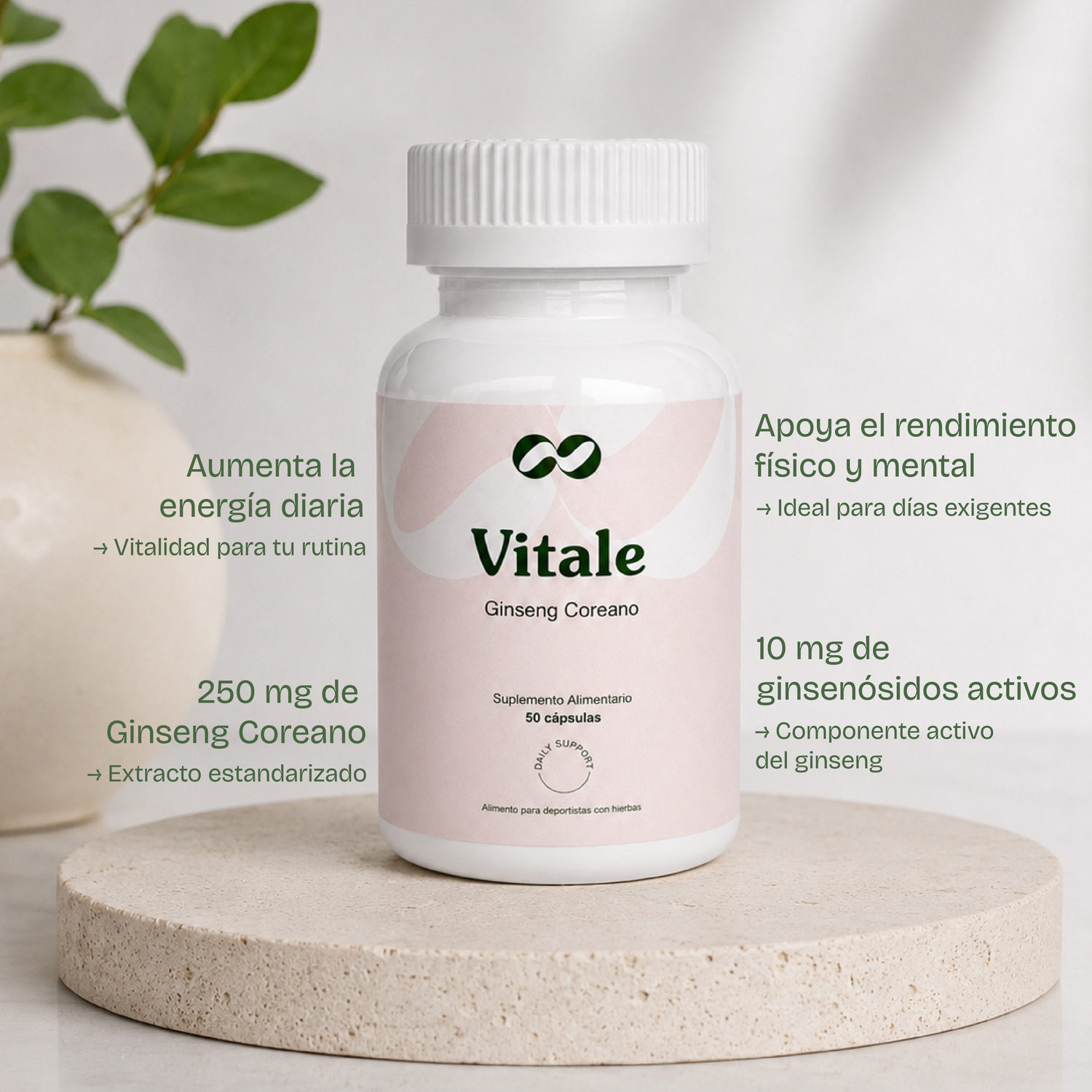 Vitale Ginseng Coreano 250 mg de Ono Care, suplemento alimentario con extracto estandarizado de Panax Ginseng y 10 mg de ginsenósidos activos por cápsula.