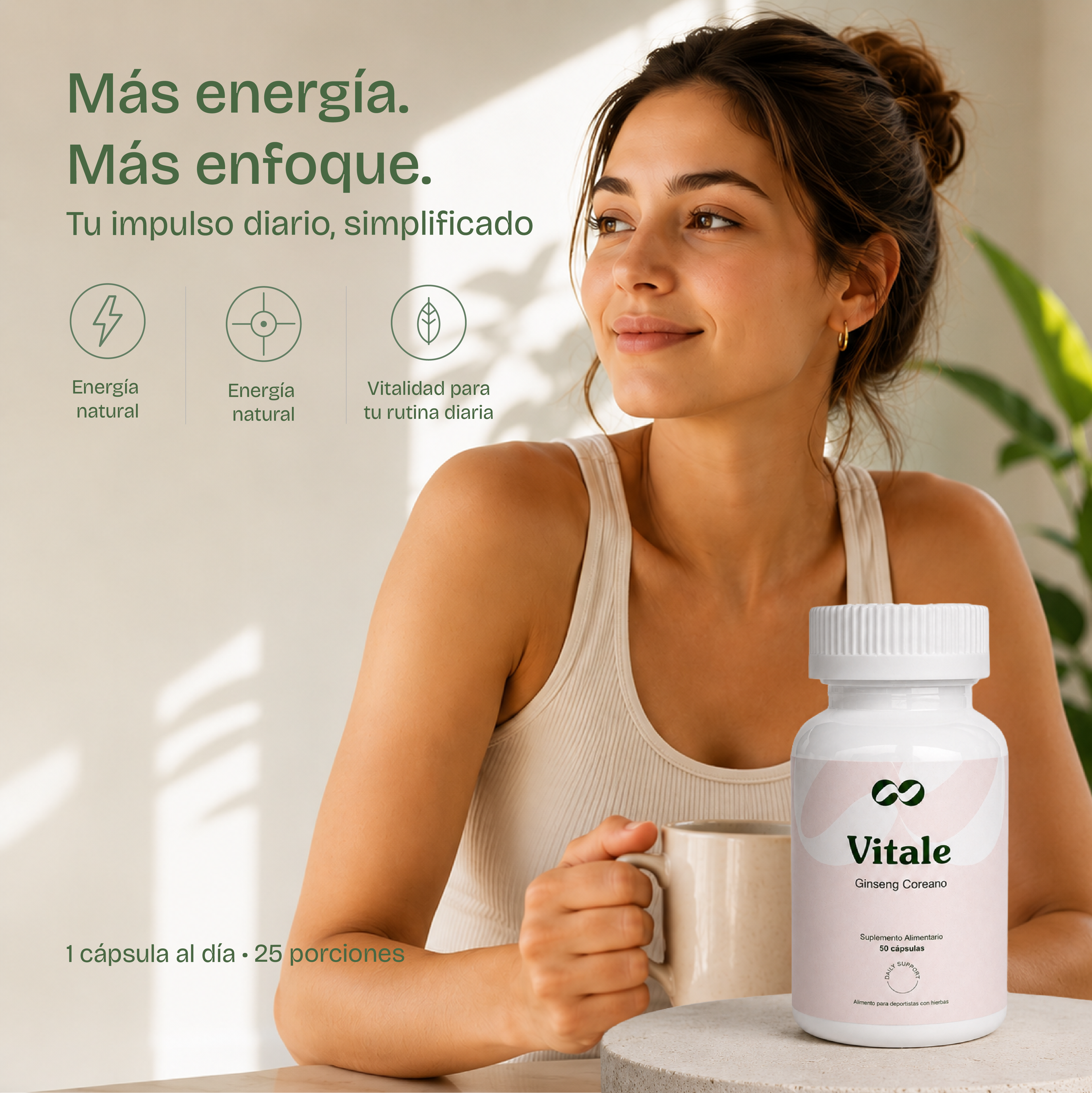 Vitale Ginseng Coreano de Ono Care acompañado de una rutina matutina enfocada en energía, vitalidad y bienestar diario.